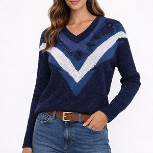Vintage Suzelle Navy & White V-Neck Sweater – Size Medium